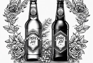 two beer bottles cheersing, labeled Pride and Joy tattoo idea