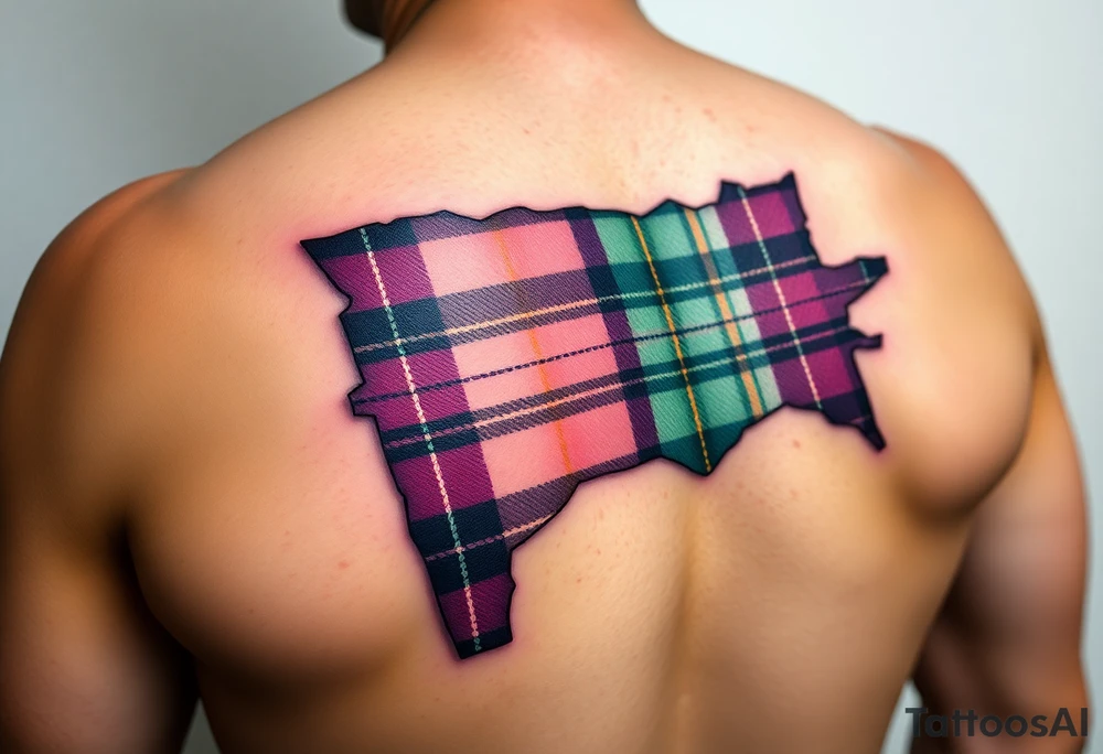 Dark Purple with green pink blue and white highlights tartan fabric on arm with skin ripping away at edges tattoo idea