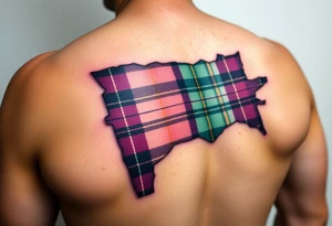Dark Purple with green pink blue and white highlights tartan fabric on arm with skin ripping away at edges tattoo idea