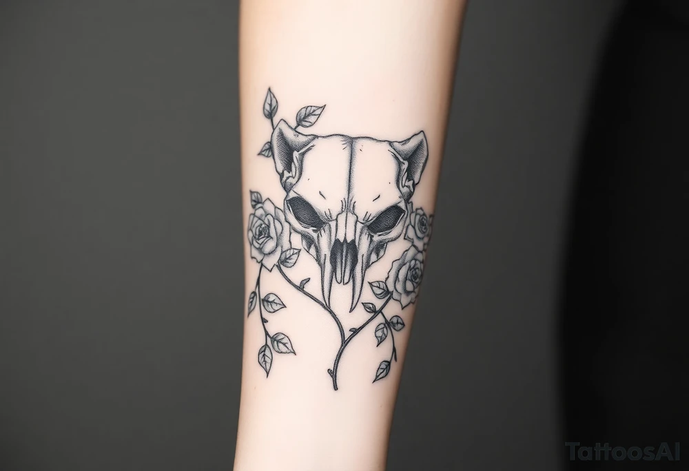 bear skull intertwined with climbing roses and thorny vines tattoo idea