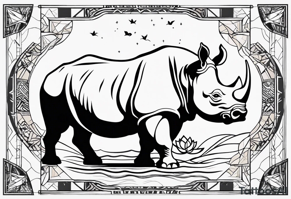 Fineline minimalistic tattoo with African continent, rhino, camping which indicates adventure spirit, symbol of strength,  motherhood, pisces starts, lotus tattoo idea