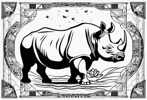 Fineline minimalistic tattoo with African continent, rhino, camping which indicates adventure spirit, symbol of strength,  motherhood, pisces starts, lotus tattoo idea
