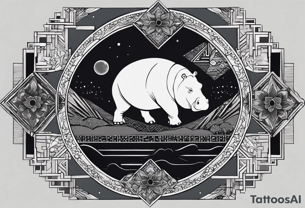 Very asymmetrical, +geometric pattern, with realistic full moon, with hippo,+tribal, +geometric, +inkart , +blackwork, +grey scale, + sketch
with wintersweet flower bud, +inkart touch, +for men, detailed , combined favourite , tattoo idea