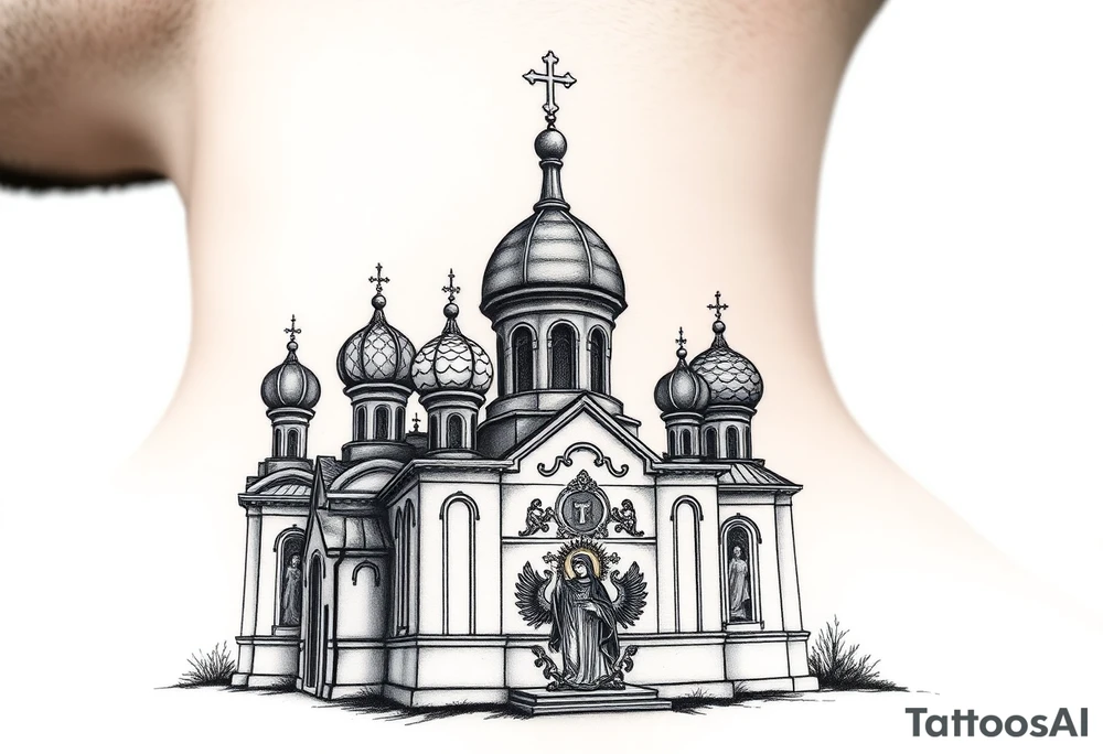 medium sized Russian orthodox church with bulb domes with a prominent russian orthodox coat of arms & virgin mary tattoo idea