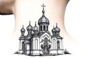 medium sized Russian orthodox church with bulb domes with a prominent russian orthodox coat of arms & virgin mary tattoo idea