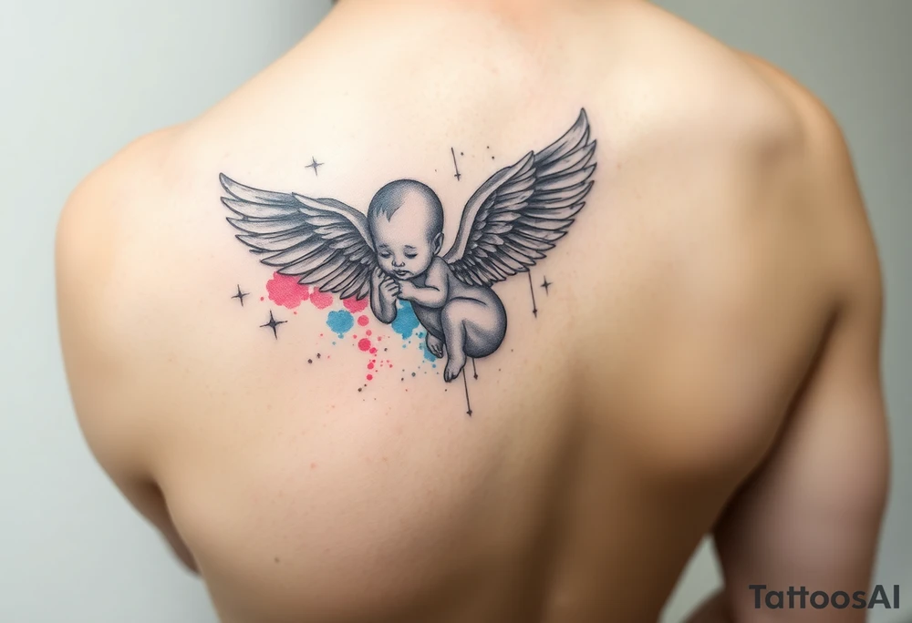 Winged baby, blue and pink watercolor, clouds tattoo idea