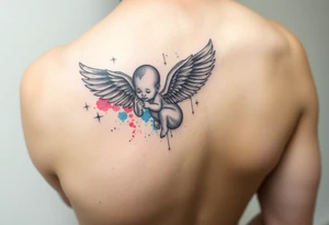 Winged baby, blue and pink watercolor, clouds tattoo idea