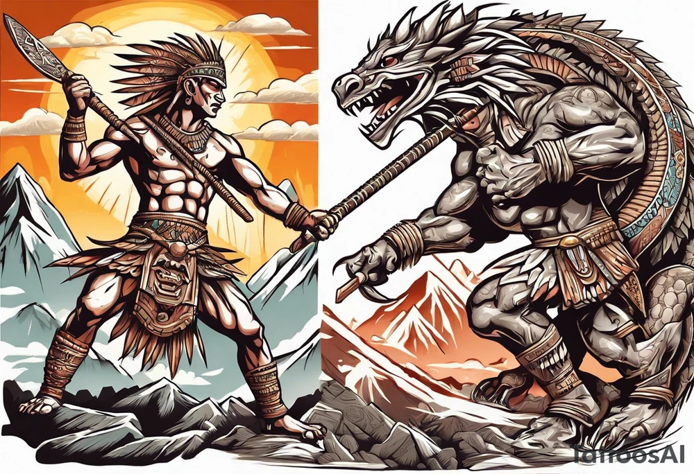 aztec warrior with a Macuahuitl fighting against a dragon in the mountains as the sun is rising tattoo idea