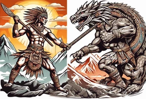 aztec warrior with a Macuahuitl fighting against a dragon in the mountains as the sun is rising tattoo idea