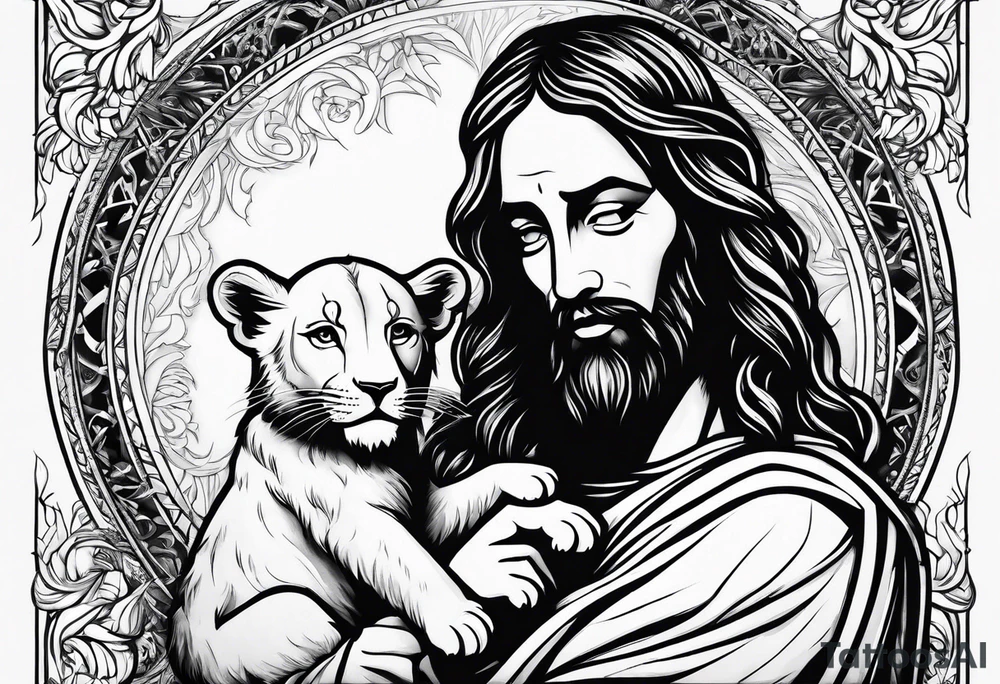 Jesus holding a lion cub tattoo idea