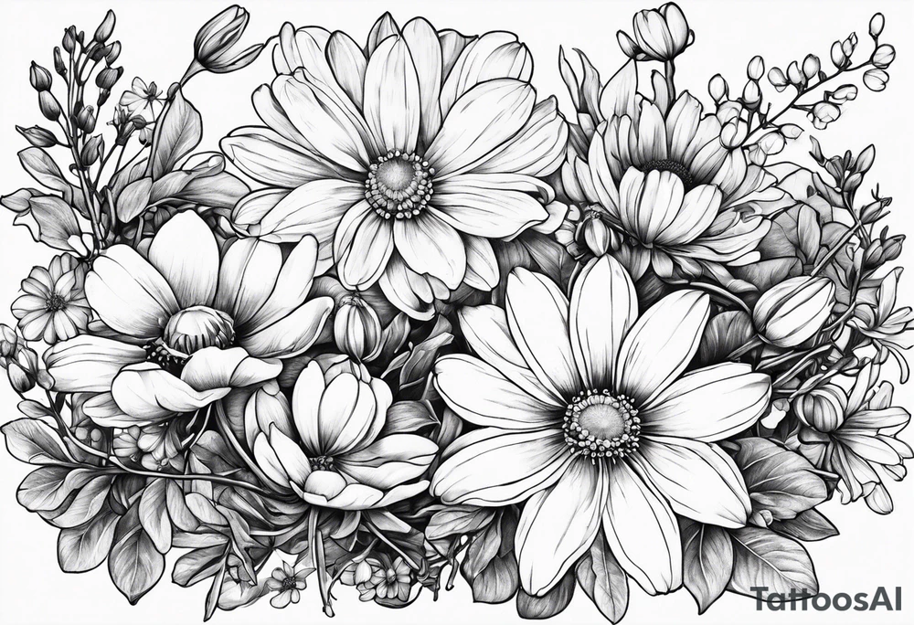 Honeysuckle,3 daisys,cosmos,and snowdrop tattoo idea