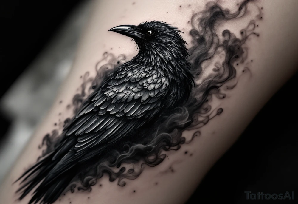 Crow Emerging from Smoke – A crow taking form out of swirling black and gray smoke. Textured shading with light white highlights. tattoo idea