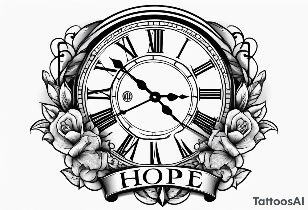 Hope lettering tattoo, broken clock, king crown incorporated tattoo idea