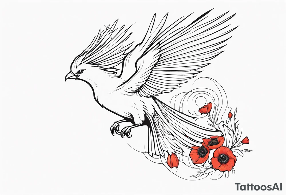 outline of phoenix in flight
in profile long tail with claws holding poppies falling tattoo idea