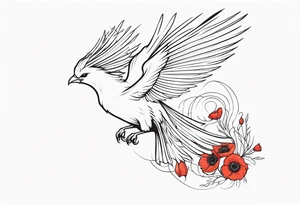 outline of phoenix in flight 
in profile long tail with claws holding poppies falling tattoo idea