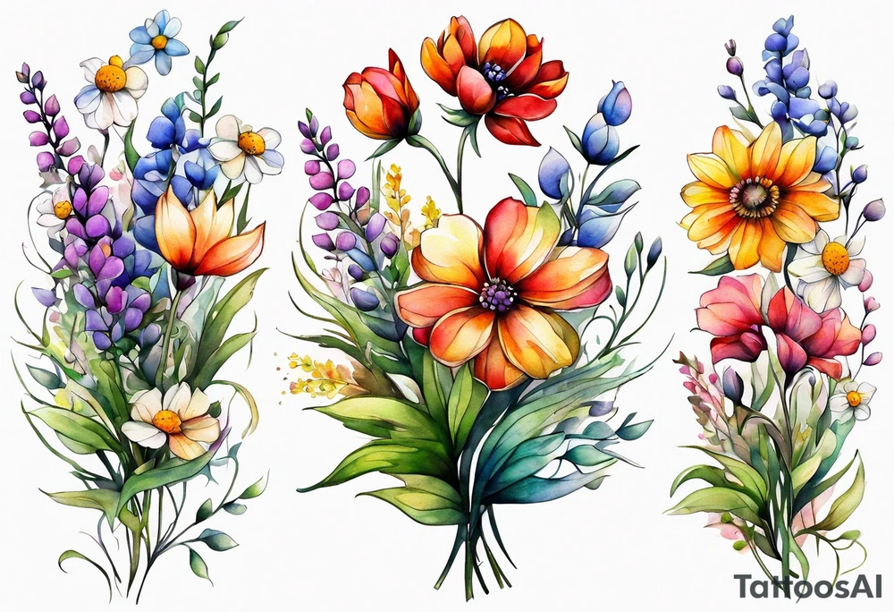 wild flowers long stems bouquet all watercolor tattoo idea
