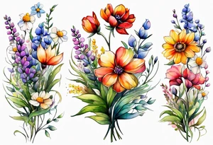 wild flowers long stems bouquet all watercolor tattoo idea