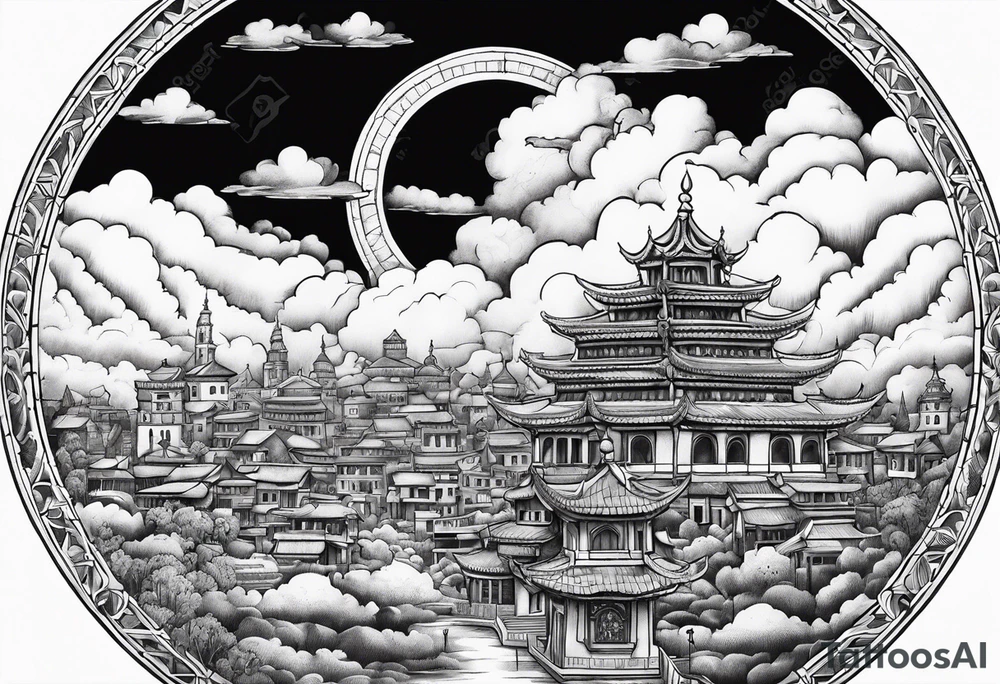 heaven town in circle surrounded by clouds tattoo idea