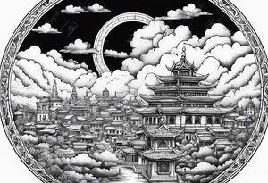 heaven town in circle surrounded by clouds tattoo idea