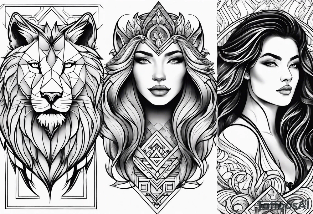 Lion,wolf,lady and phoenix tattoo idea