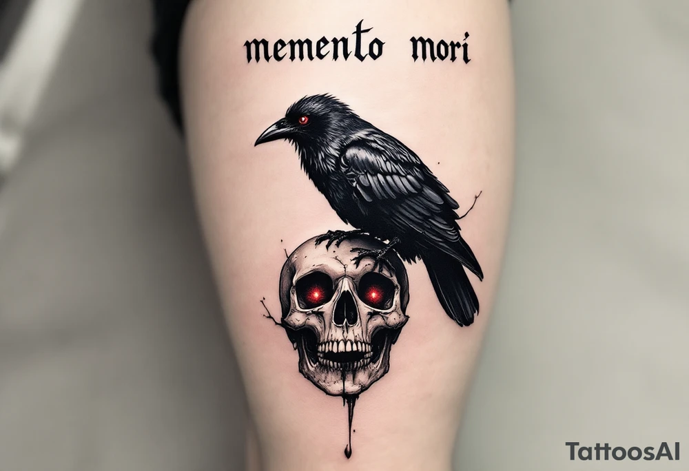 A dark gray raven perched on a human skull with deep red eyes, "memento mori" in handwritten blackletter across the top. tattoo idea