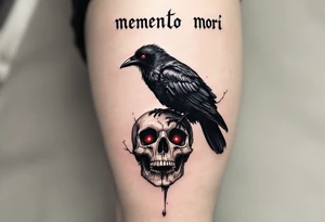 A dark gray raven perched on a human skull with deep red eyes, "memento mori" in handwritten blackletter across the top. tattoo idea