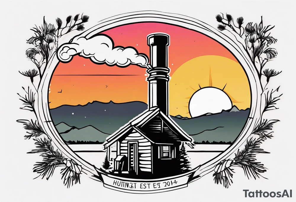 cabin chimney smoke "Hutting Est. 2004" friends sunset tattoo idea