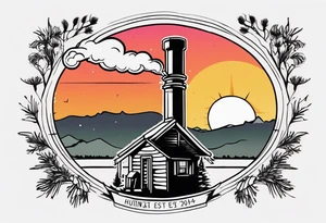 cabin chimney smoke "Hutting Est. 2004" friends sunset tattoo idea
