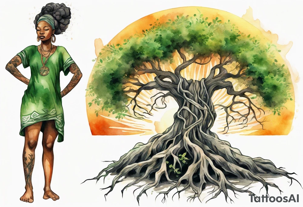 a tree trunk with roots that is a black woman from the waist up, feet made of tree roots, wearing a green tunic, arms stretched upwards towards the blazing sun tattoo idea