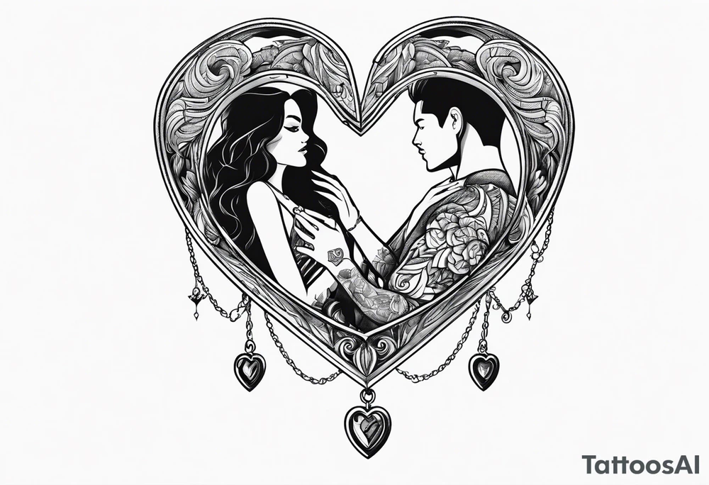 necklace heart locket with a male and female shadow hugging tattoo idea