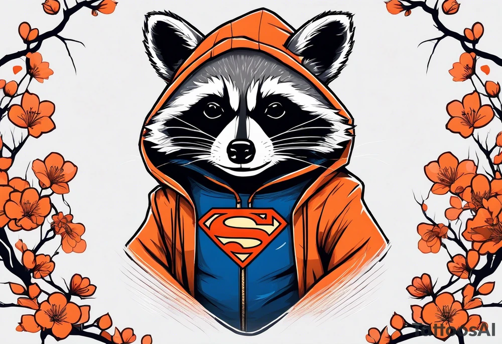 raccoon wearing a Superman hoodie with orange Japanese cherry blossoms tattoo idea