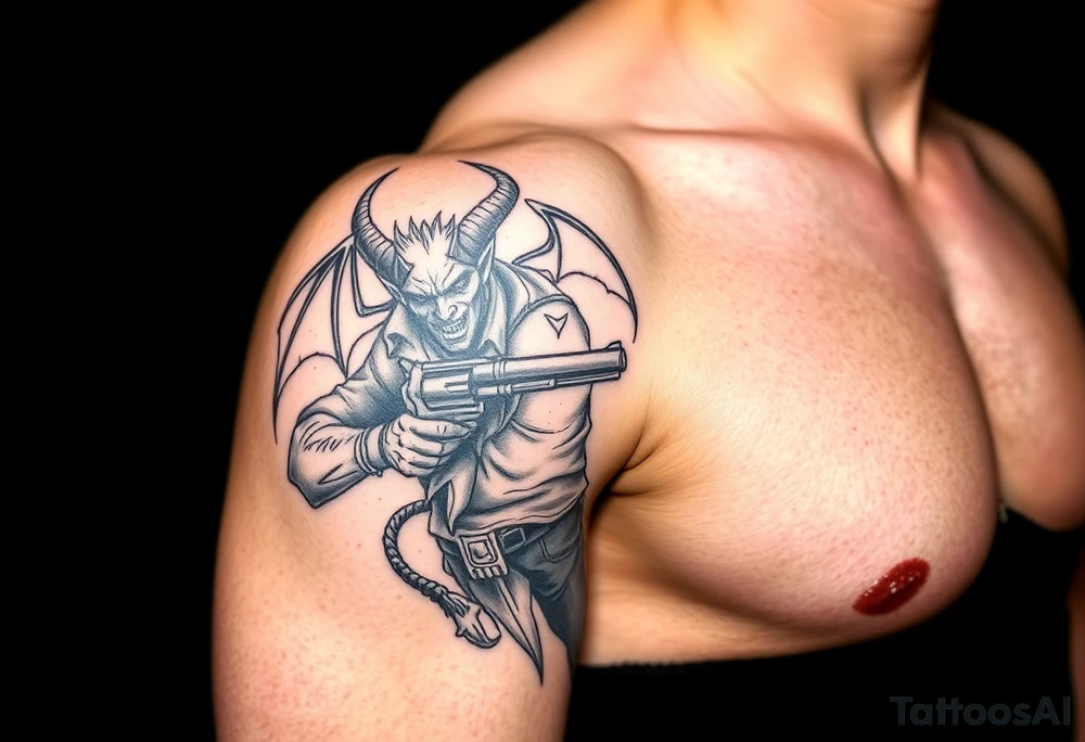 demon in cowboy-clothing,big gun,landscape. tattoo idea