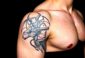 demon in cowboy-clothing,big gun,landscape. tattoo idea