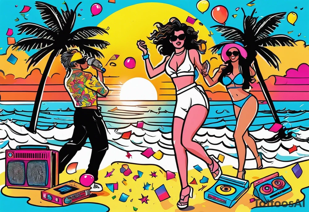 1980's miami vice style beach dance 
party, include confetti, music notes, boom box, bikinis sunset in the center tattoo idea