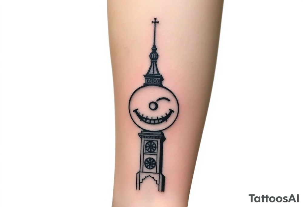 Smile face sad face happy face with clock tower tattoo idea
