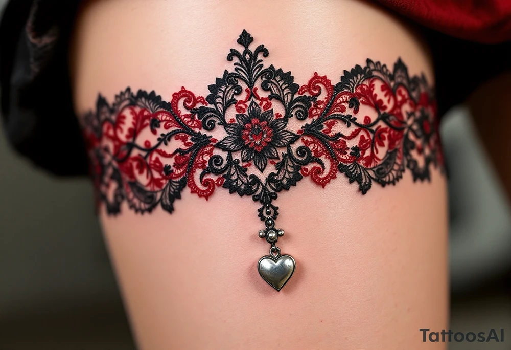 ChatGPT řekl:
A garter tattoo designed as a deep red lace band wrapped snugly around the thigh, featuring intricate black embroidery details, a dangling silver heart charm, and soft shadowing for a realistic 3D effect. tattoo idea