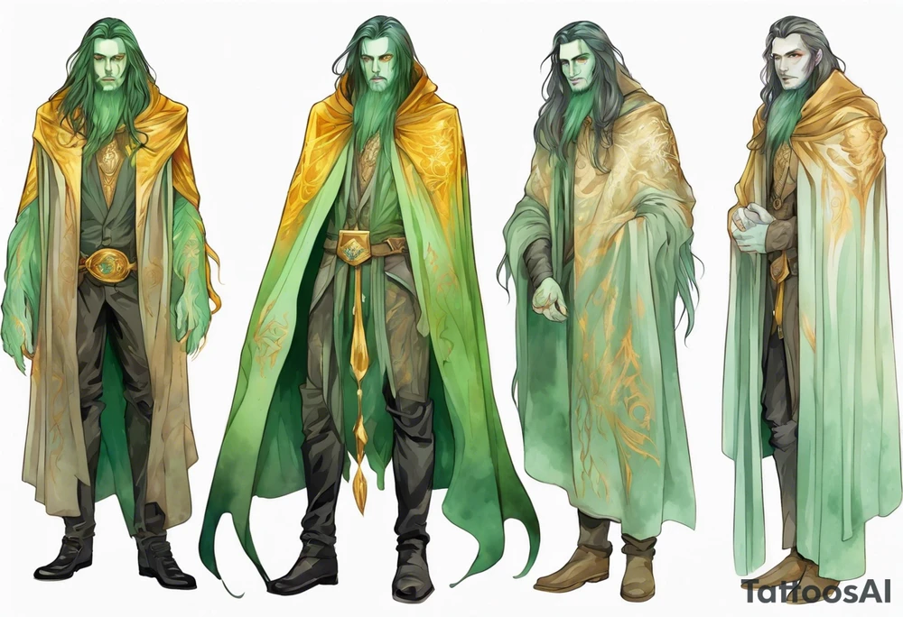 A tall beautiful man with pale green skin  with long hair of gold and silver with amber eyes wearing a gold cloak tattoo idea