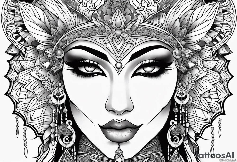 kali ma, alien goddess, valkrye, aries, pirate, divine feminine, zenza resonance, pachamama, lotus azul, blank panther, eagle, skull, 5D, nueva gaya, dna 12, left side chest tatoo tattoo idea