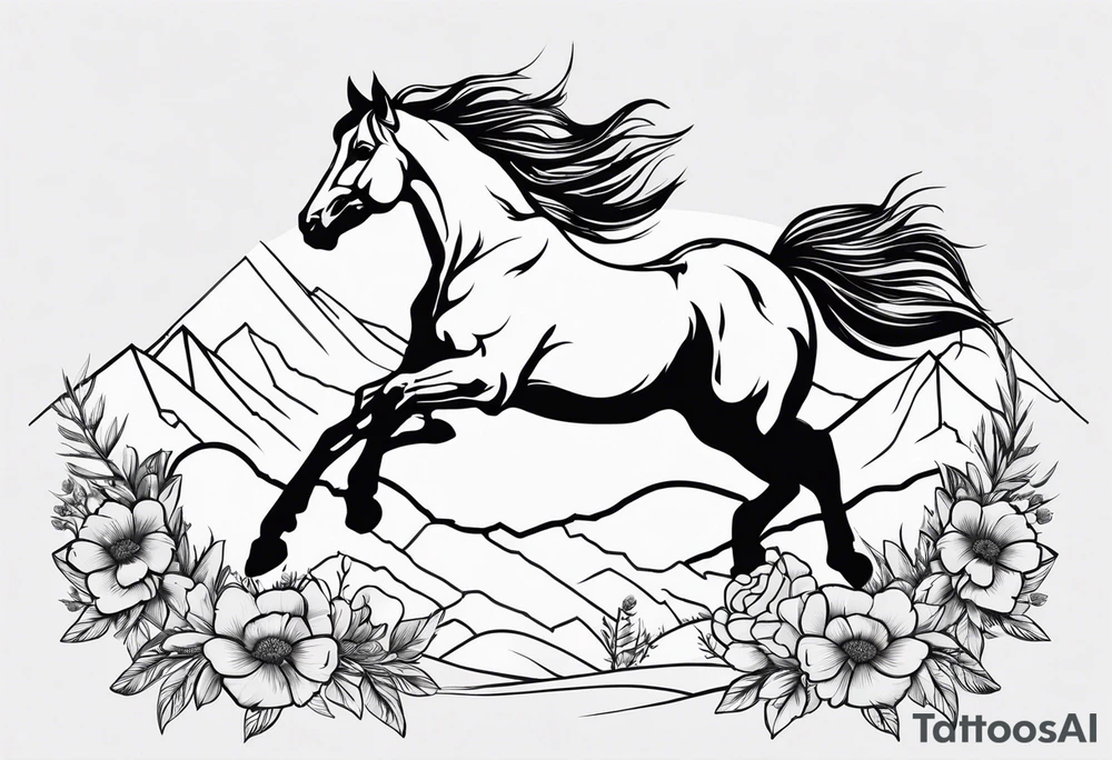 bucking horse, mountains background, feather, flowers, western tattoo idea