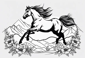 bucking horse, mountains background, feather, flowers, western tattoo idea