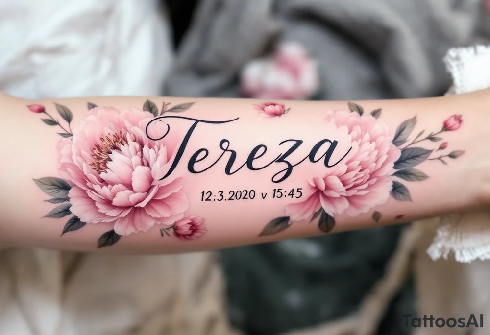 Elegant script of "Tereza" with her birth date 12.3.2020 v 15:45 framed by soft pastel pink peonies tattoo idea