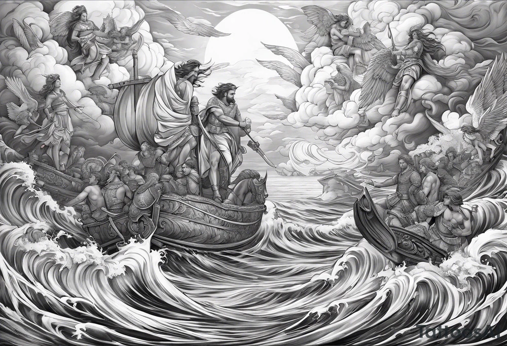 Angels and Roman warriors with clouds and ocean waves tattoo idea