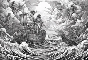 Angels and Roman warriors with clouds and ocean waves tattoo idea