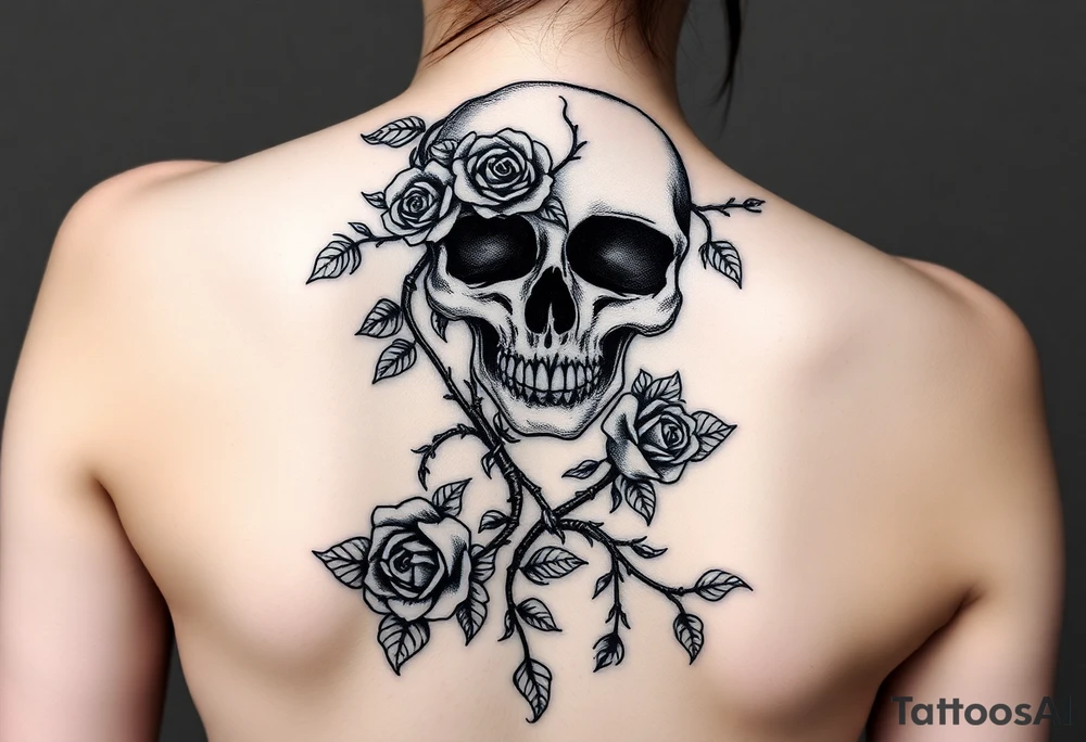 gothic skull intertwined with climbing roses and thorny vines tattoo idea