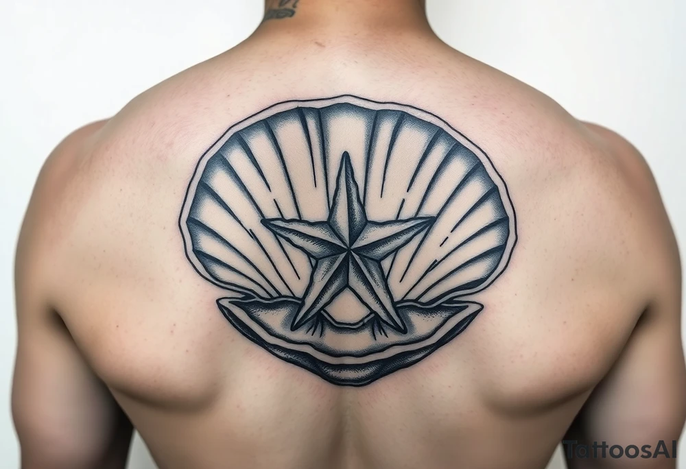 Open clamshell with starfish rendered in the art styles used during World War Two tattoo idea