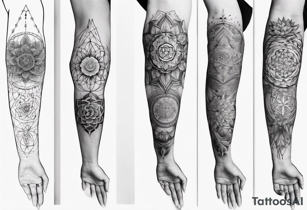 Sleeve tattoo on a woman's arm. Phoenix and mandala Flower of life and mandala Metatron's cube sacred geometry tattoo idea