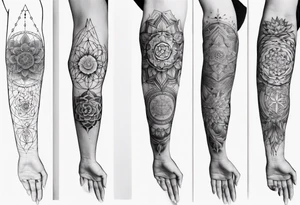 Sleeve tattoo on a woman's arm. Phoenix and mandala Flower of life and mandala Metatron's cube sacred geometry tattoo idea