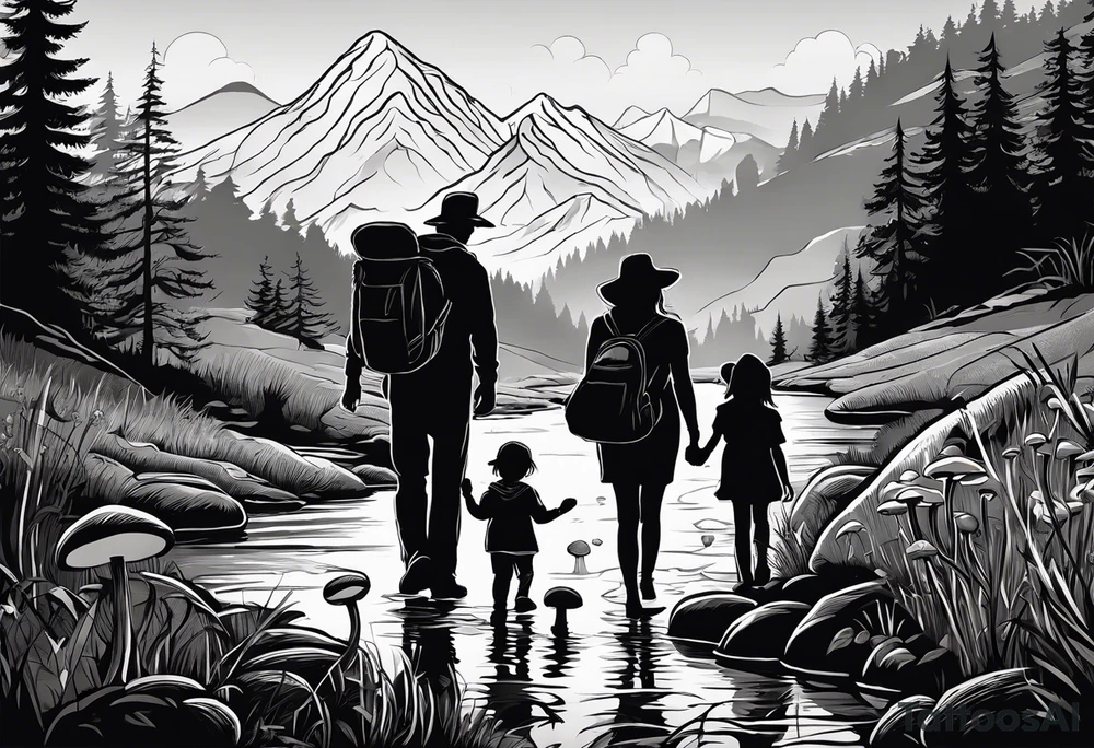 Family silhouette of a father, a mother, oldest son, middle daughter, and small daughter foraging mushrooms with mountains and creek in background tattoo idea
