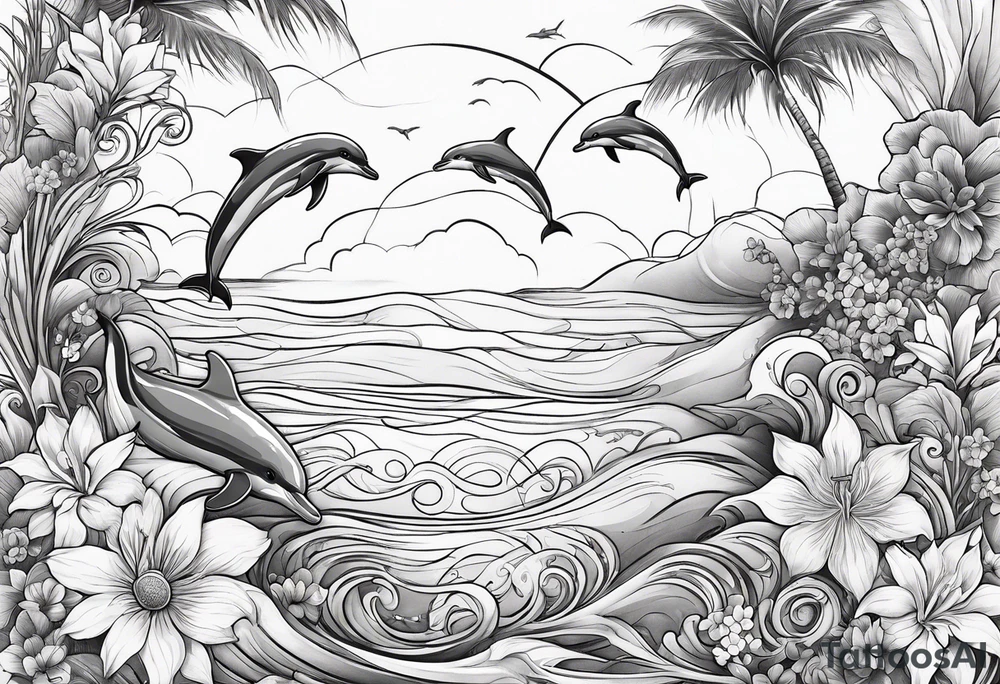 Dolphins ocean beach flowers trees tattoo idea