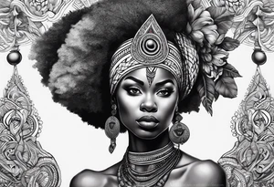 Deus èsú africano realista em preto e cinza com os olhos brancos e fundo com tons de vermelho tattoo idea